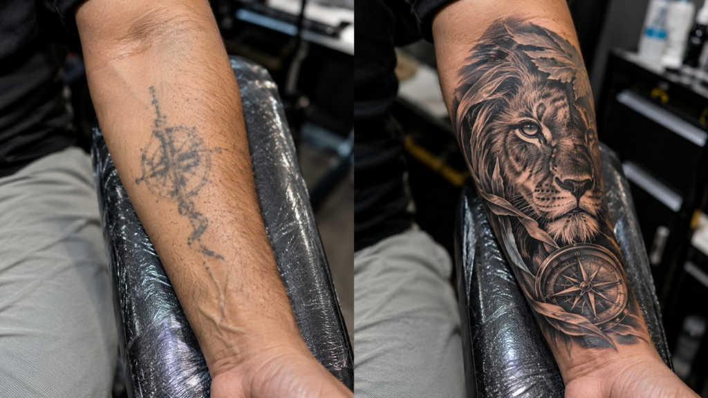 A realistic split-screen tattoo transformation photo inside a professional tattoo studio. On the left, a real Indian skin-tone forearm displays an old faded tattoo with worn ink, blurred details, and uneven lines. On the right, the same forearm showcases a professionally executed cover-up tattoo featuring rich black-and-grey shading, intricate artwork, and bold composition. Natural skin texture, arm hair, and authentic tattoo details are clearly visible. The background shows a clean tattoo studio environment with soft natural lighting and shallow depth of field. The side-by-side comparison highlights the dramatic transformation possible through expert cover-up tattoo work.